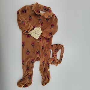 BUMG Baby Velvet Romper Set 0–3M | 2-Piece Floral with Headband.   I#036